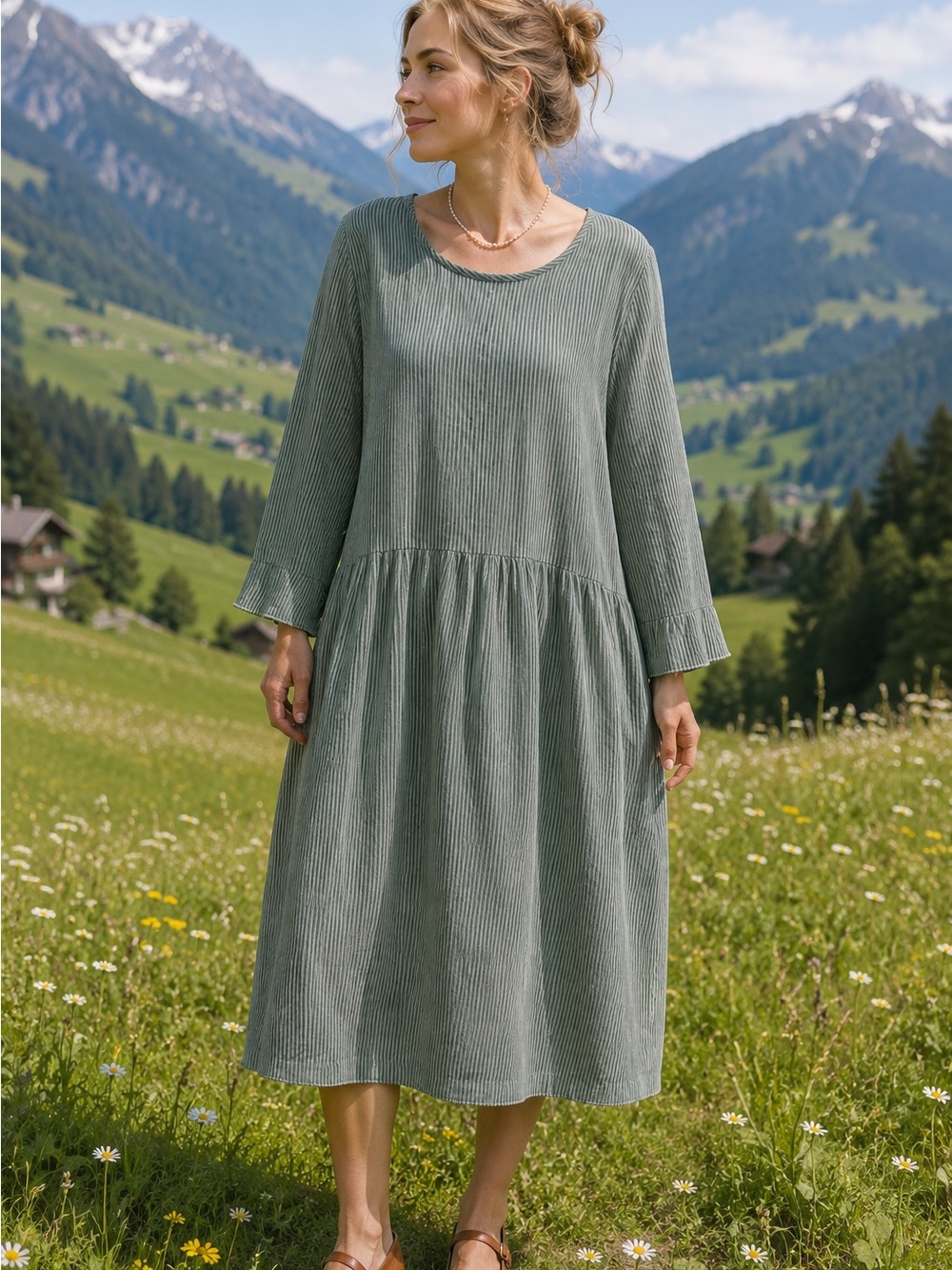 LA RELAXED Langenlook Sage Striped Linen Blend Dress with Pockets, XL